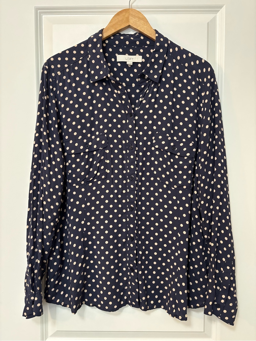 Loft Navy Polka Dot Long-Sleeve Top, Size XXL